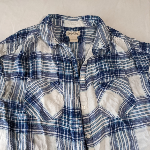 Lucky Brand Short Sleeve Button Down Shirt Pockets Blue White Plaid XS - Picture 5 of 8